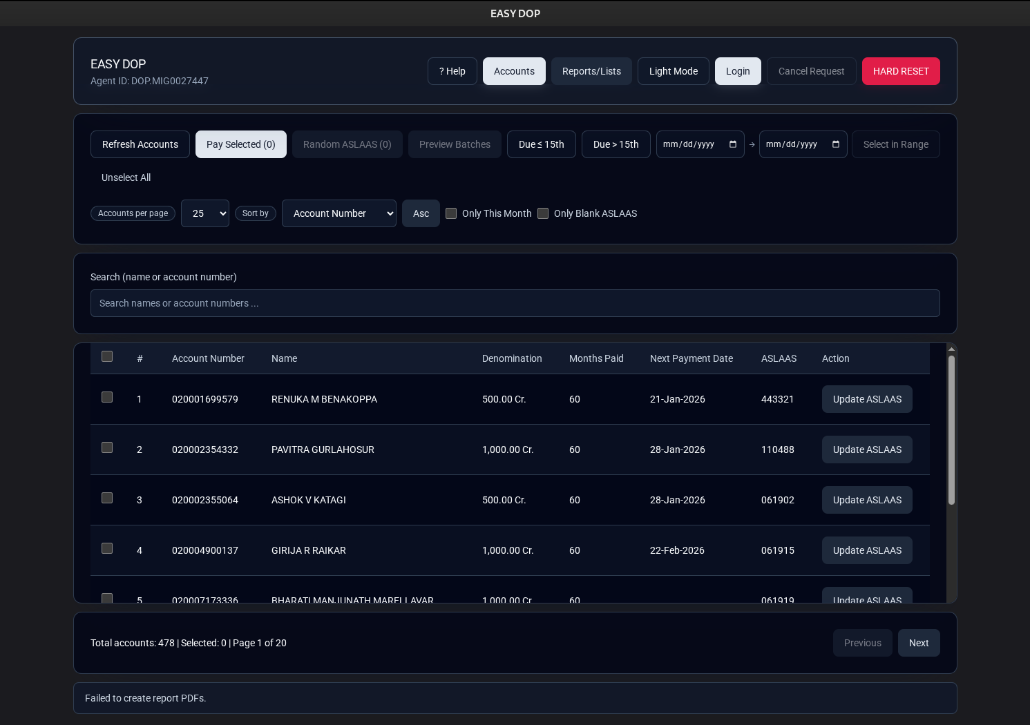 Accounts list with ASLAAS update actions