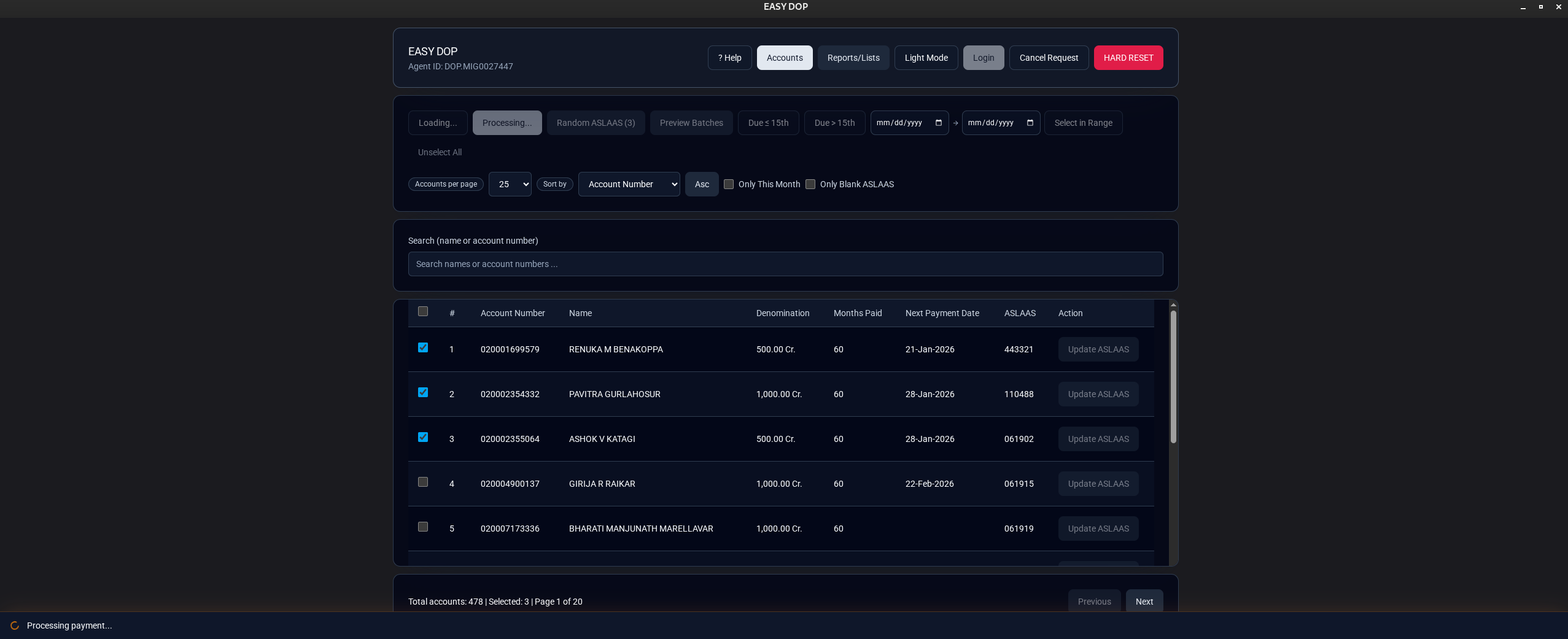 Batch payment processing with accounts selected
